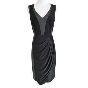 NWT FRANK LYMAN BLACK FAUX LEATHER DRAPED COMBO SLEEVELESS SHEATH COCKTAIL DRESS